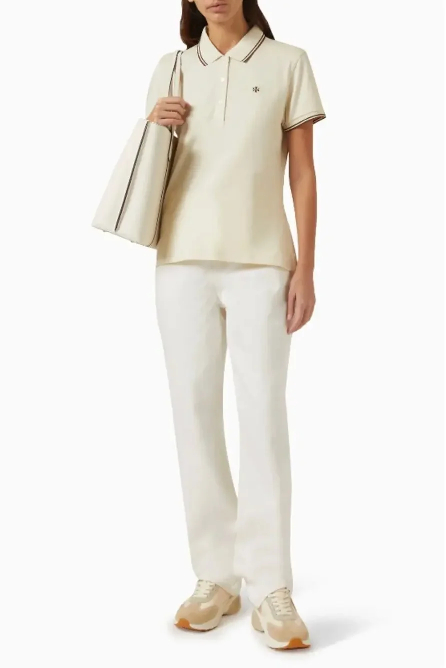 Tory Burch Classic Tech Pique Polo Shirt in Sesame Cream size S small